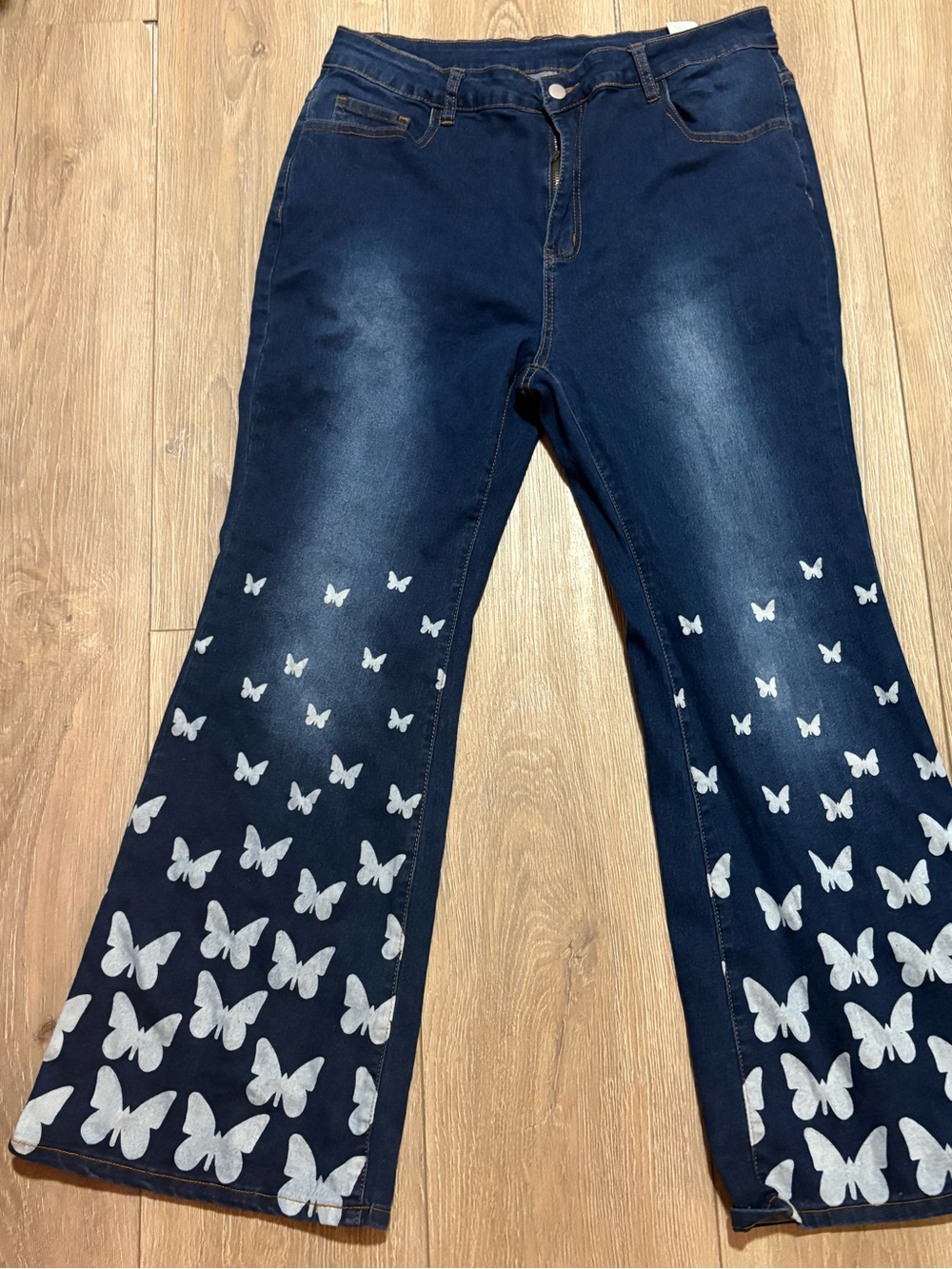 Fashion Nova Dark Blue Flare Jeans with White Butterfly Prints